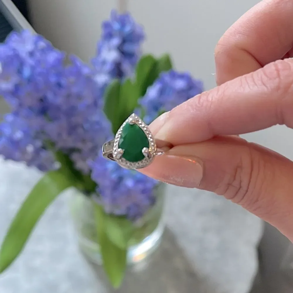 The Green Tear Drop Ring in Tibetan silver sz 6